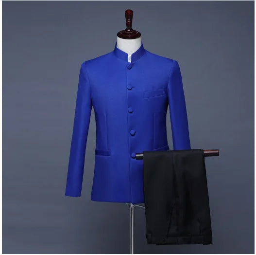 Blazer à col montant de style chinois pour hommes, couleur pure, affaires, formel, banquet de mariage, trempé, rouge, blanc, mâle, nouveau, fjj, 2 pièces