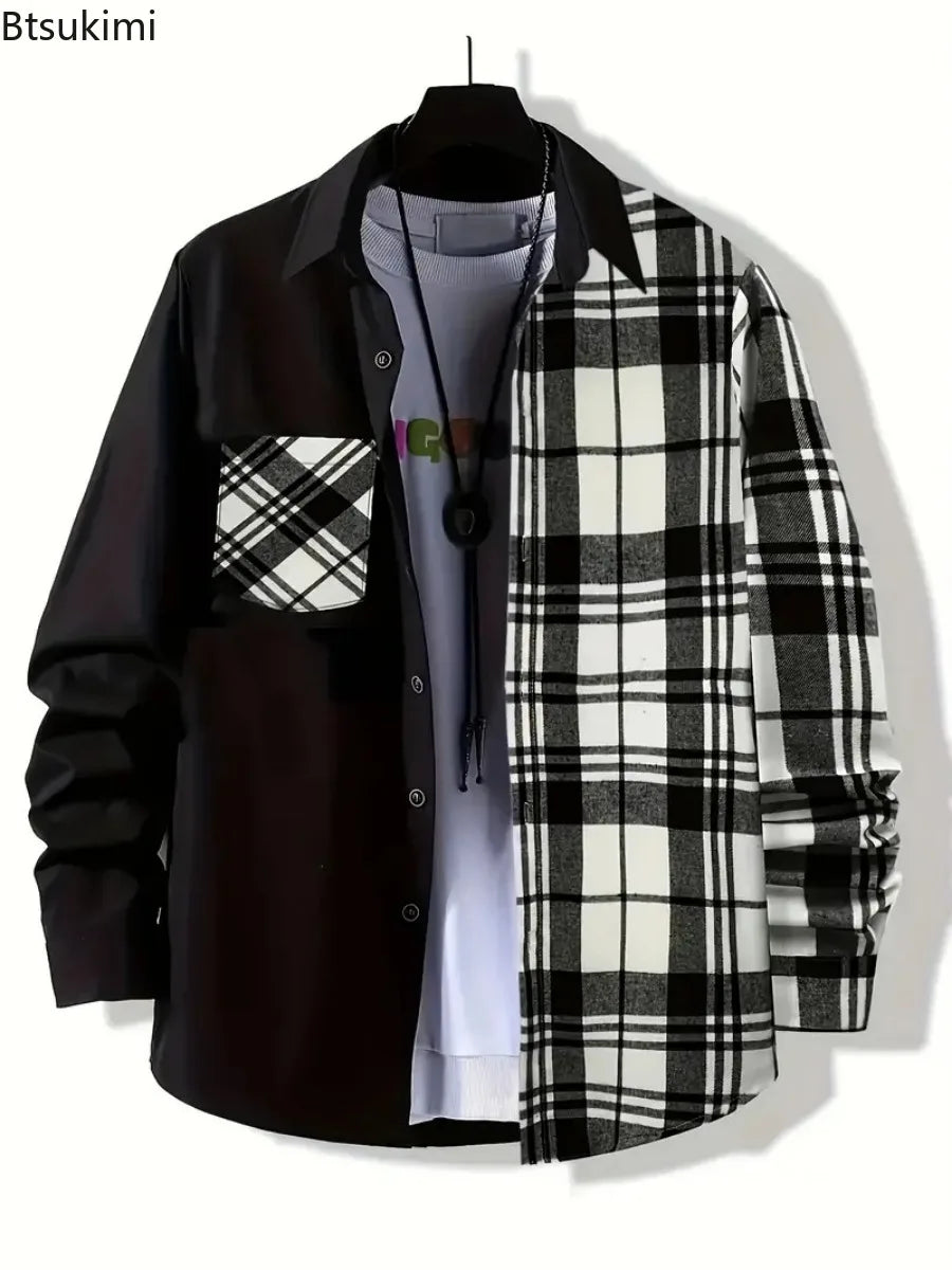 2025Men's printemps automne décontracté à manches longues chemise mode Patchwork Plaid conception simple boutonnage chemise manteaux confortable Cardigan
