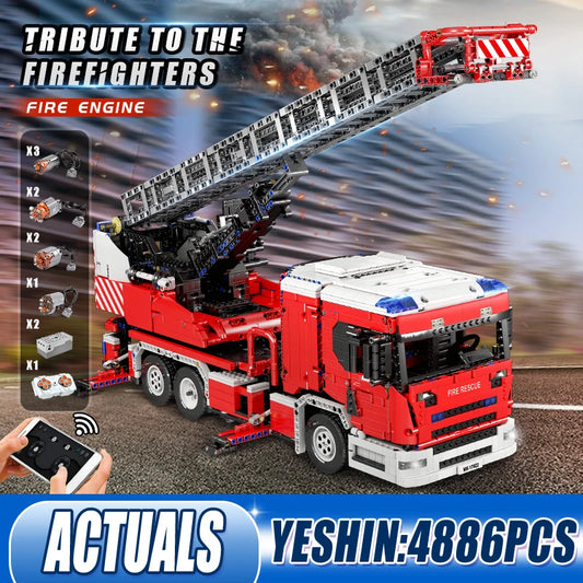 MOULD KING Voiture de Pompiers Motorisé Scania L, Véhicule Technique, Echelle à Plateau Tournant, Ensemble de Blocs de Construction, MOC-60361, Référence 17022
