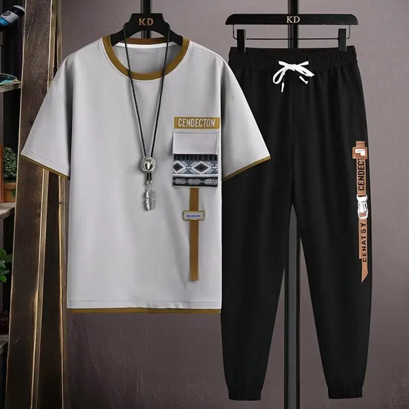 Ensemble de jogging pour hommes, tenue de mode coréenne, t-shirt imprimé, pantalon cargo multi-poches, ensemble de 2 pièces, vêtements Mne d'été, nouveau, 2024