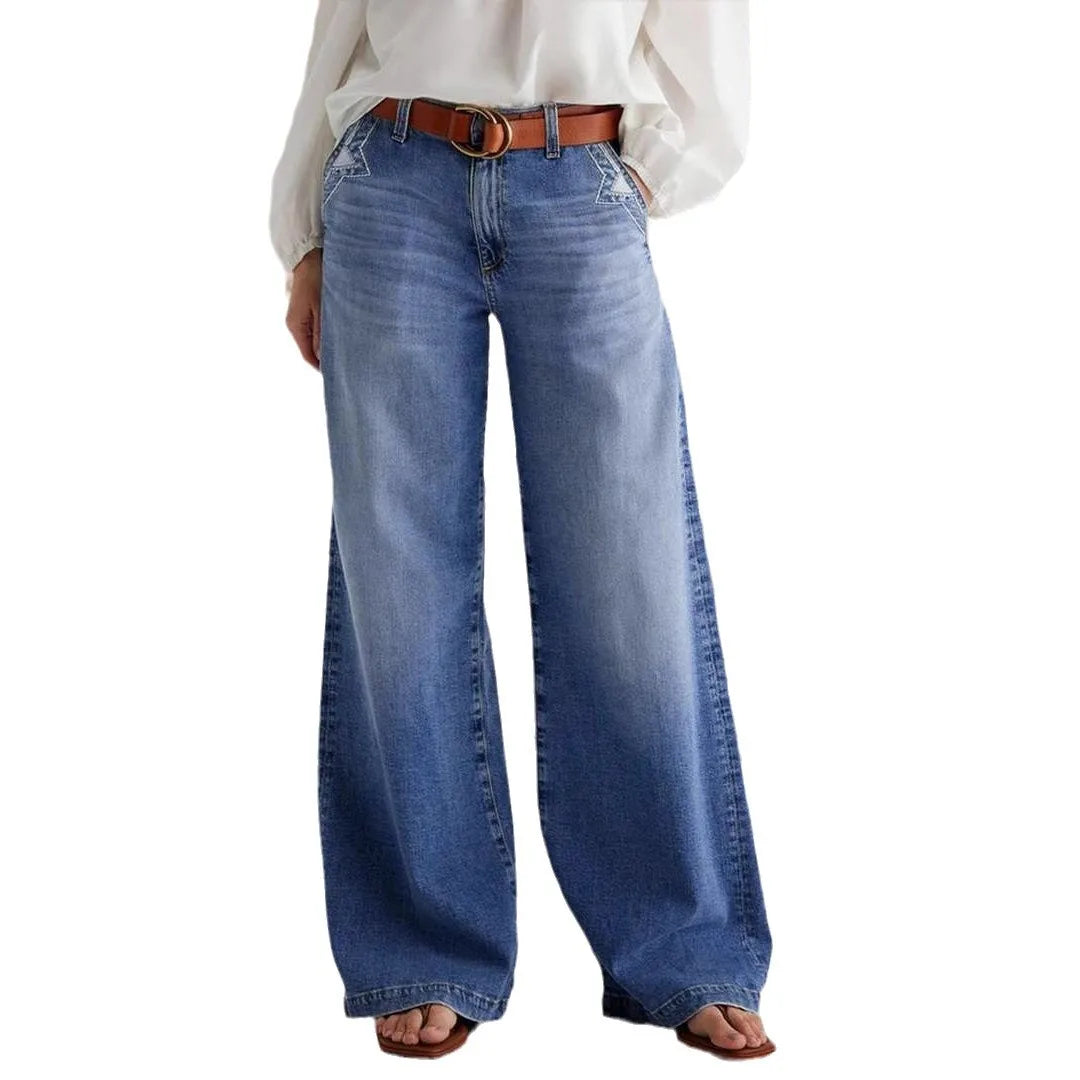 Jean à Jambes Larges pour Femme, Streetwear, Longueur au Sol, Taille Haute, Vintage, DistMurcia, Broderie Délavée, Poches, Denims fjims