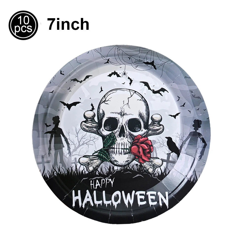 Assiettes de fête gothiques en forme de crâne pour Halloween, tasses, serviettes, corbeau de Rose, décors de fête pour Halloween, squelette, jour des morts, anniversaire