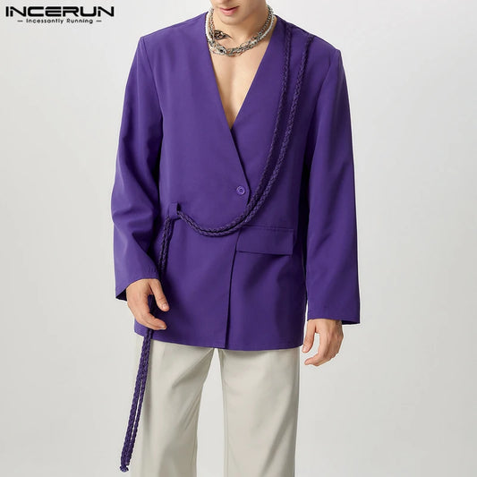 INCERUN hommes décontracté à manches longues Blazer 2025 beaux costumes de couleur unie élégant gland Streetwear mâle mince manteaux