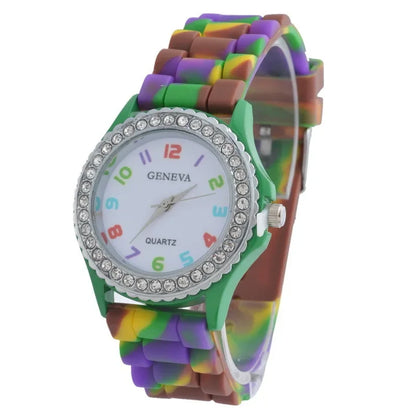 Montres de luxe pour femmes, arc-en-ciel, diamant, quartz, silicone, étanche,