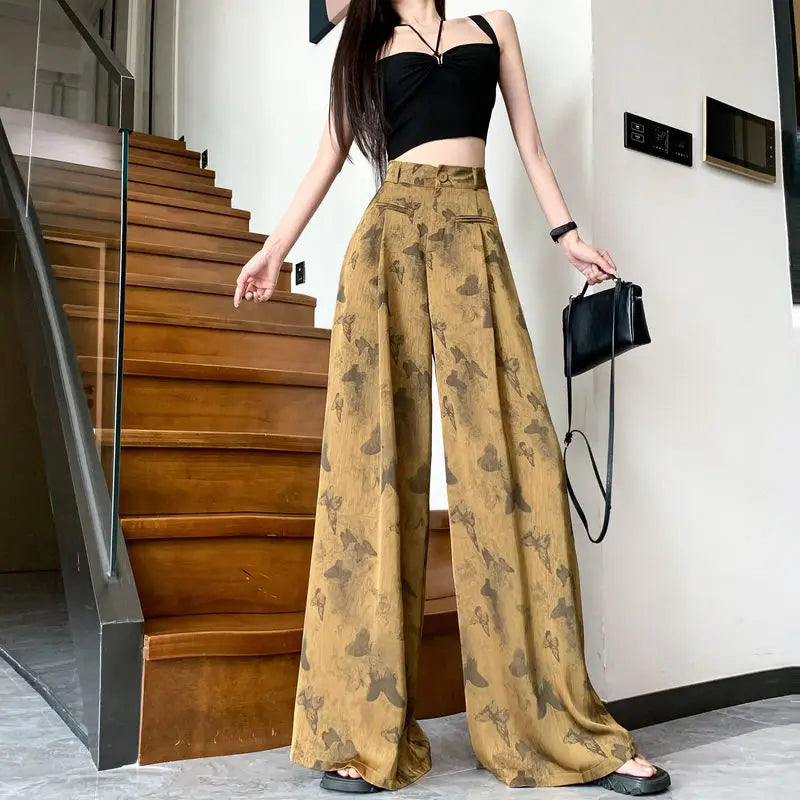 Pantalon drapé en Satin papillon noir pour femme, ample et à la mode, jambes larges, taille haute, Slim, décontracté, printemps et été