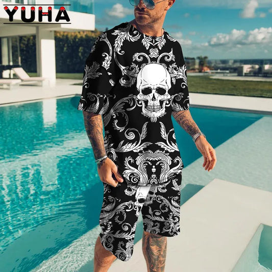 YUHA – ensemble t-shirt manches courtes pour hommes, vêtements d'été pour hommes, impression de squelette Terrible en 3D, Short décontracté, survêtement masculin 2 pièces, nouvelle collection