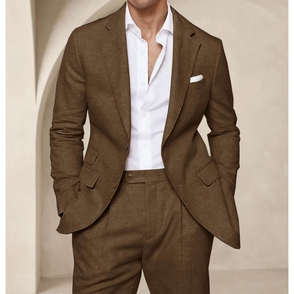 Costume deux pièces en lin pour hommes, Cool, respirant, élégant, mode, Design Slim, robe de mariée, vêtements de travail, confortable, nouveau, été