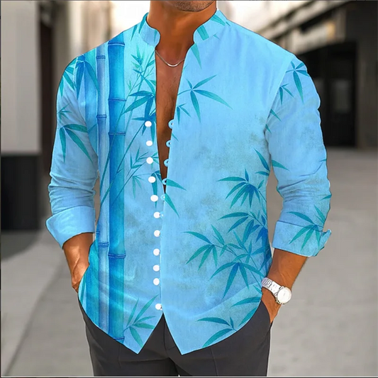 Chemise à manches longues pour hommes, transfrontalière d'été, imprimé bambou 3D, fleur, Vintage, col rabattable, manches longues, boutons