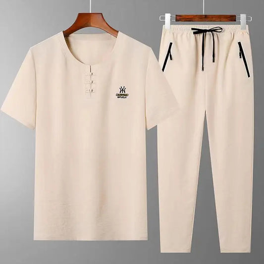 Ensemble Hanfu Brodé en Lin pour Homme, Style Chinois, Trempé, Tang Kung Fu Traditionnel, Tapiercing, Pantalon d'Été en Coton