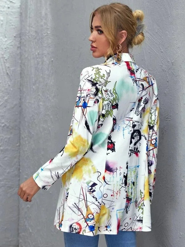 Blazer Vintage Imprimé Graffiti pour Femme, Veste Élégante, Manteau Américain, Grande Taille, Mode High Street, Nouvelle Collection Printemps 2021
