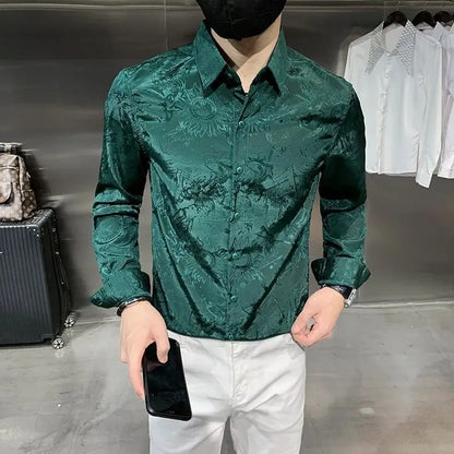 Chemises fines droites à col rabattu pour hommes, beau, monochromatique, bouton d'impression décontracté, affaires, vêtements pour hommes, mode printemps, été, 2023