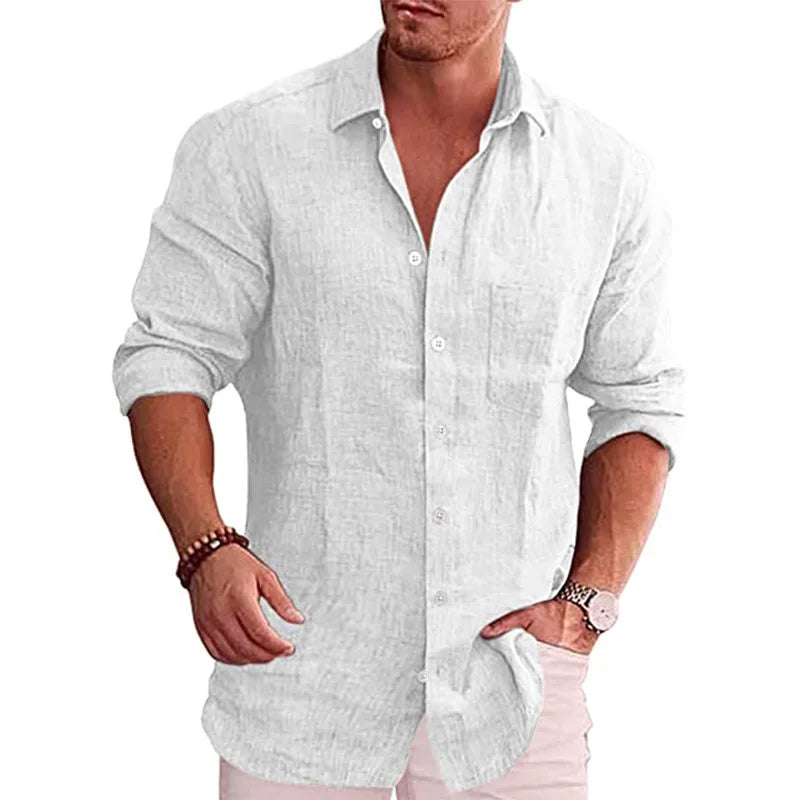 Chemise ample grande taille pour hommes, couleur unie, col en lin, manches longues, chemise décontractée
