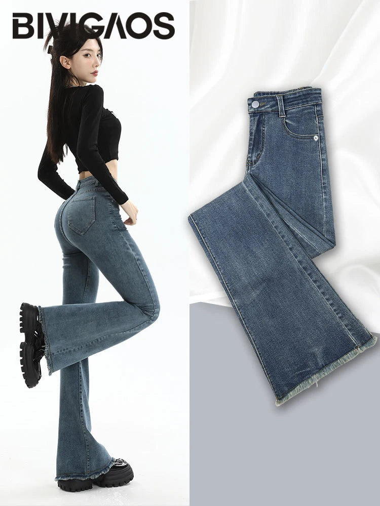 BIVIGAOS 2025 nouveau automne printemps Micro jean évasé femmes taille haute mince serré rétro gland ourlet Stretch Denim fer à cheval pantalon