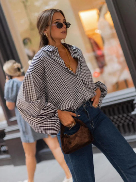 Mumaroho-Chemisier noir à manches longues pour femme, chemise à carreaux vintage, femme, automne, hiver, 2023