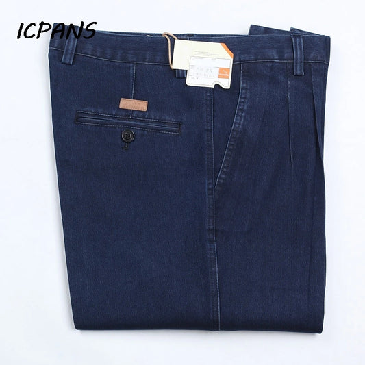 Jean en Denim taille haute pour hommes Double plissé automne printemps classique droit bleu jean hommes décontracté Broeken taille 30- 42 44 46