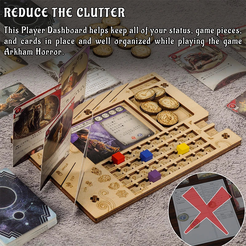 Tableau de bord d'enquêteur, ensemble de 2 panneaux d'organisation de joueurs, accessoires de jeu découpés au Laser en bois pour Arkham Horror LCG