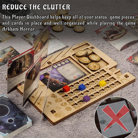 Tableau de bord d'enquêteur, ensemble de 2 panneaux d'organisation de joueurs, accessoires de jeu découpés au Laser en bois pour Arkham Horror LCG