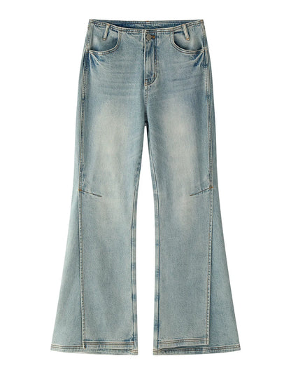[EAM] taille haute bleu Denim fente irrégulière Vintage Long Flare jean nouvelles femmes pantalons mode marée printemps automne 2025 1DJ2961