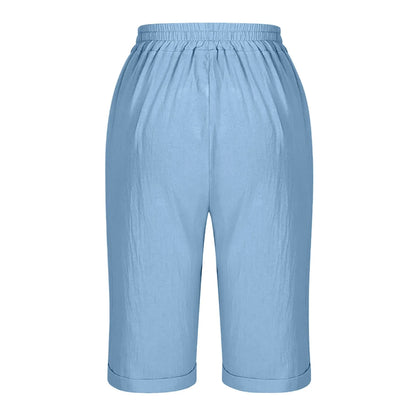 Femmes été Shorts décontracté genou longueur jambe droite taille élastique cordon à lacets pantalons courts femme genou longueur bas