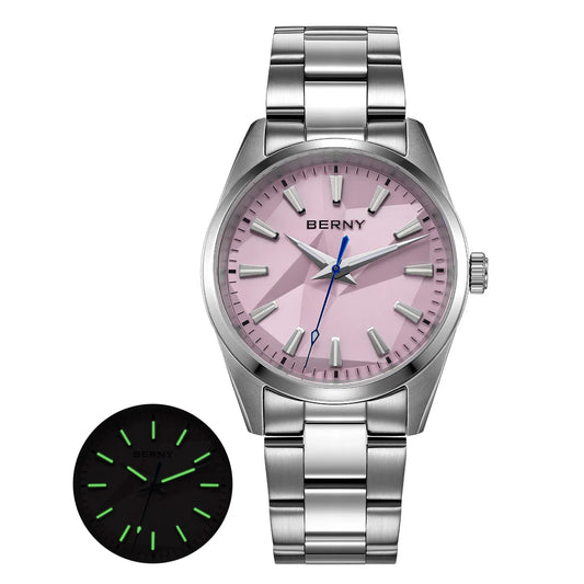 BERNY Quartz femmes montre cadran stéréo 39mm montre 100m étanche 316L acier inoxydable saphir AR lentille enduit