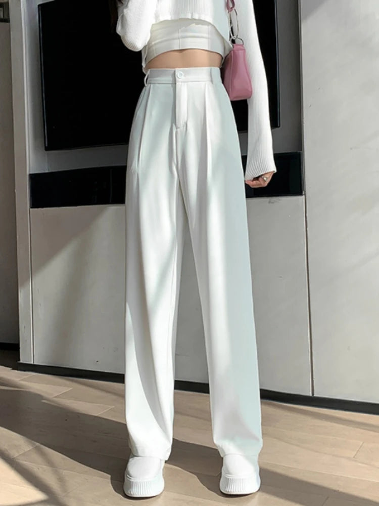 Pantalon décontracté taille haute pour femmes, jambes larges, ample, longueur au sol, costumes blancs, pantalons longs pour dames, nouvelle collection printemps automne