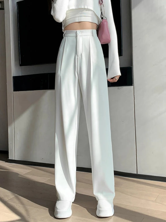 Pantalon décontracté taille haute pour femmes, jambes larges, ample, longueur au sol, costumes blancs, pantalons longs pour dames, nouvelle collection printemps automne
