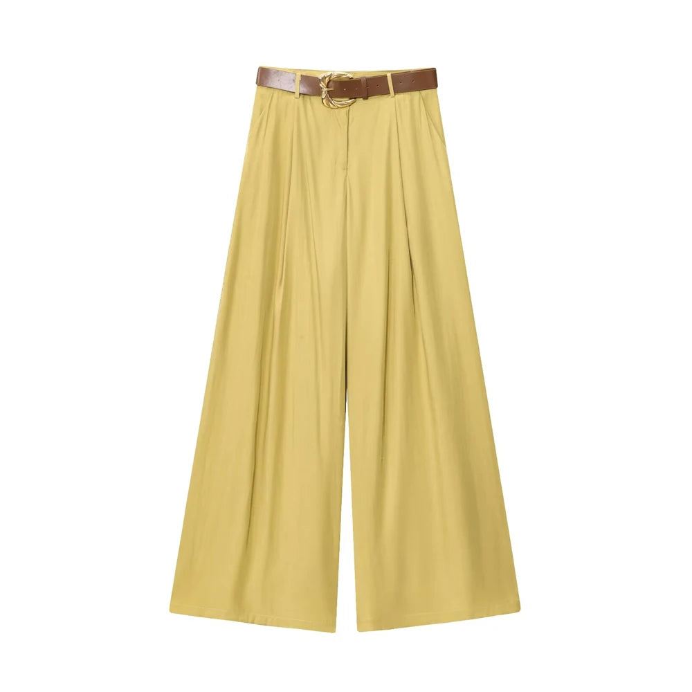TRZA taille haute pantalon à jambes larges pour femmes mode ceinture avant fléchettes poches latérales pantalon femme