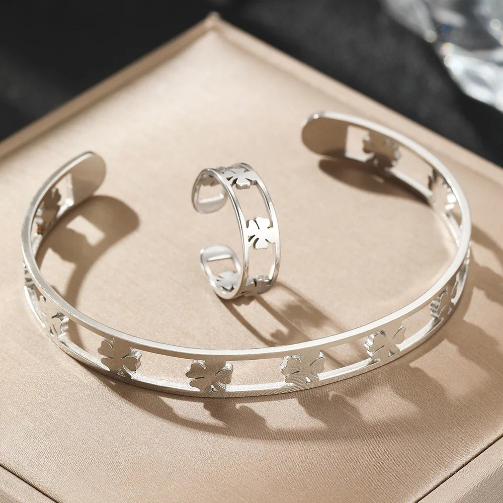Porte-bonheur  trèfle à quatre feuilles  Bracelet anneaux ensembles pour femmes Bracelet anneaux évidé Bracelet bijoux