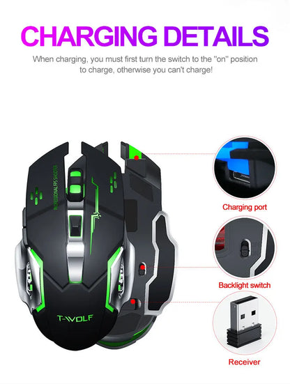Souris de jeu sans fil 6 touches Rétroéclairage RVB Souris de jeu Bluetooth 2.4G Connexion USB Double mode Batterie rechargeable 3 niveaux DPI T-WOLF Q13 Clic silencieux Conception ergonomique