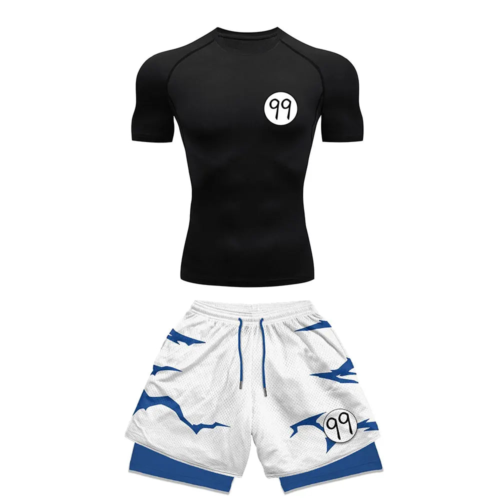 Chemise de Compression + short de gymnastique 2 pièces entraînement été Anime imprimé ensemble de Compression de gymnastique course Sport Fitness costume pour hommes vêtements de Sport