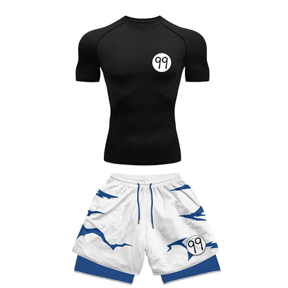 Chemise de Compression + short de gymnastique 2 pièces entraînement été Anime imprimé ensemble de Compression de gymnastique course Sport Fitness costume pour hommes vêtements de Sport