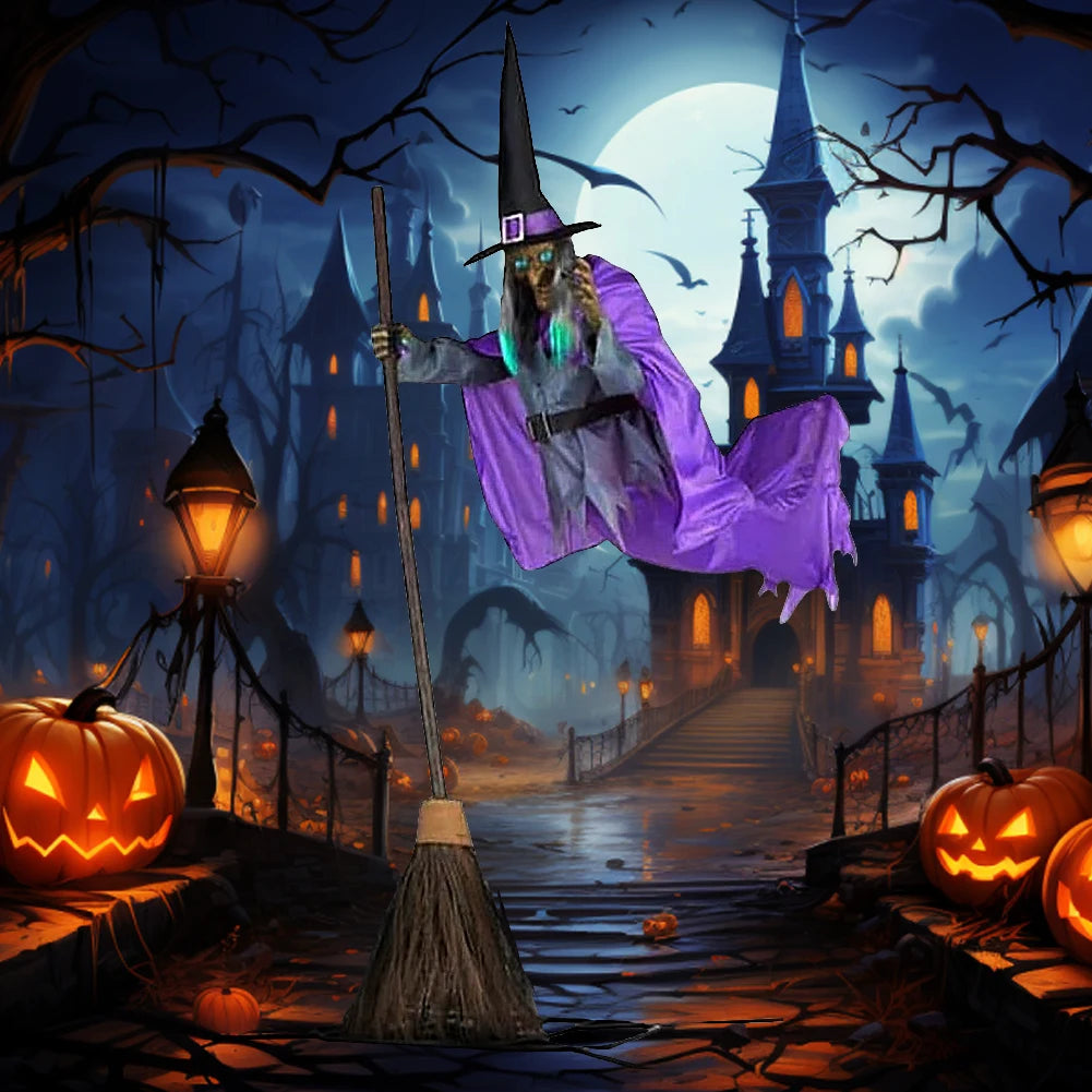 Accessoires d'Halloween avec sons et lumières terrifiants, olympiques amusants, balai de sorcière effrayant volant, décor de magicien pour jardin, cour, pelouse intérieure