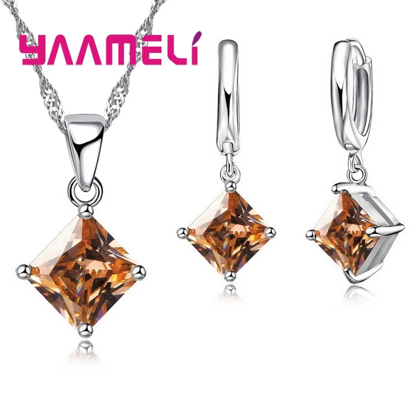 Ensembles de bijoux en argent regardé 925 pour femmes, boucles d'oreilles carrées à géométrie simple, collier en cristal,