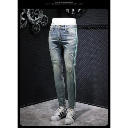 Jeans de luxe à rayures bleues pour hommes, haut de gamme, léger, polyvalent, coupe couvertes, skinny, déchiré, fjny, rue, printemps, 2024