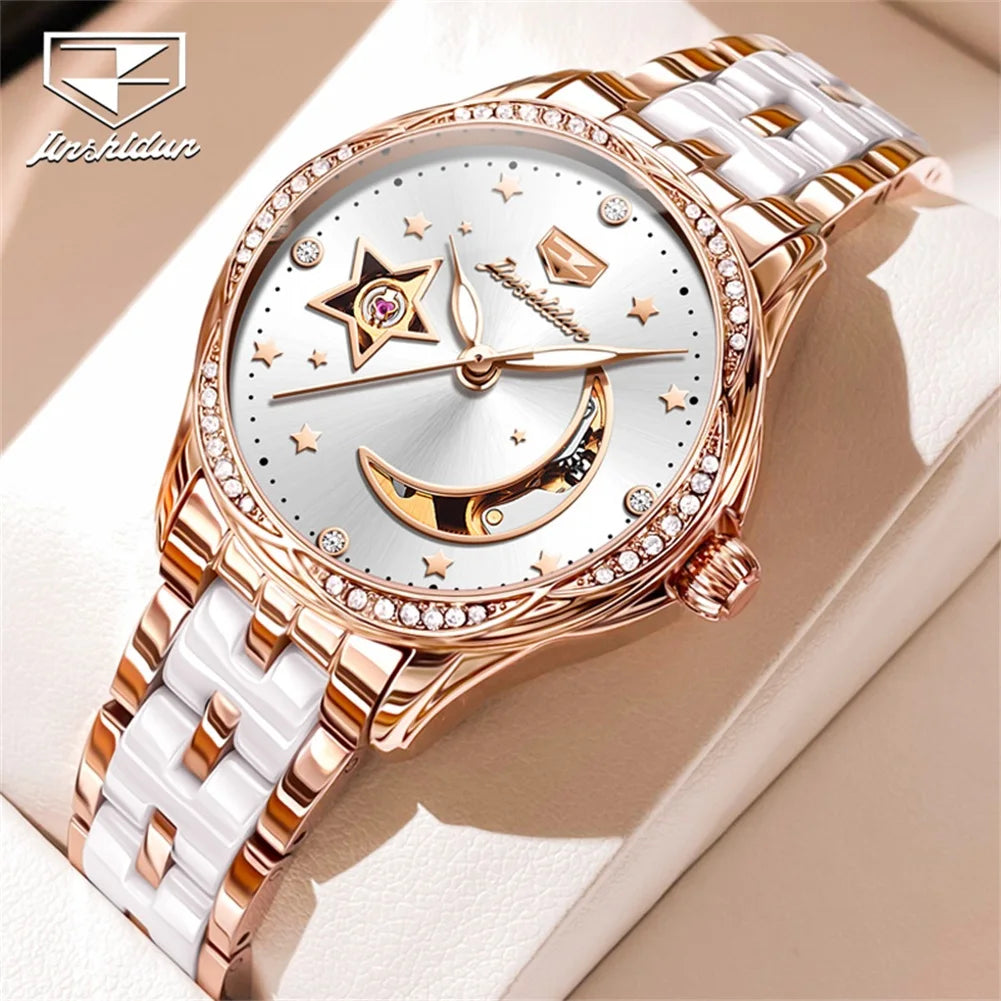 JSDUN-Montres mécaniques automatiques étanches pour femmes, modules en céramique, montre-bracelet de luxe pour dames, nouvelle mode originale
