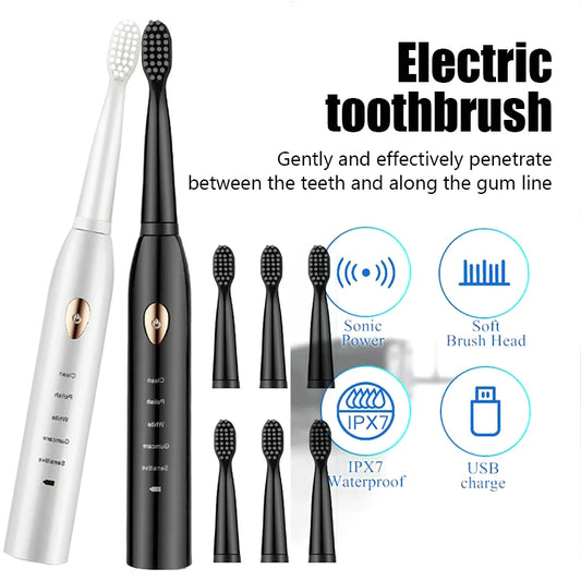 Brosse à dents électrique sonique, cheveux doux, étanche IPX7, Mode 5 vitesses, minuterie de blanchiment, chargement USB, pour adultes, 4 couleurs