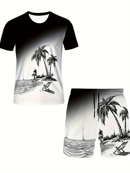 Série d'été hommes dégradé cocotier imprimé respirant col rond T-shirt ensemble short et haut extérieur deux pièces ensemble