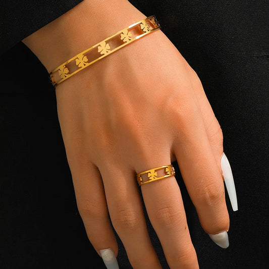 Porte-bonheur  trèfle à quatre feuilles  Bracelet anneaux ensembles pour femmes Bracelet anneaux évidé Bracelet bijoux