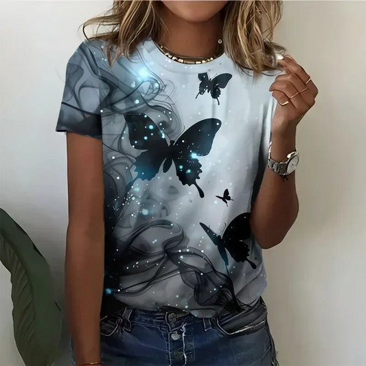 Mystérieuse Starlight rêveur papillon brillant T-shirt femme décontracté ample confortable gris manches courtes