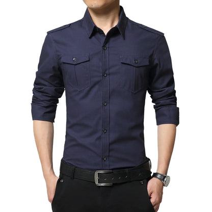 Chemise slim à manches longues de style militaire pour hommes, épaulette en coton, double poche, chemise décontractée, nouveau, 2025