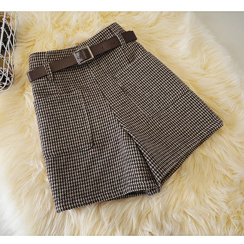 Short en laine pied-de-poule pour femme, bottes slim rétro taille haute, grande taille, avec poches en laine, jambes larges, nouvelle collection automne et hiver
