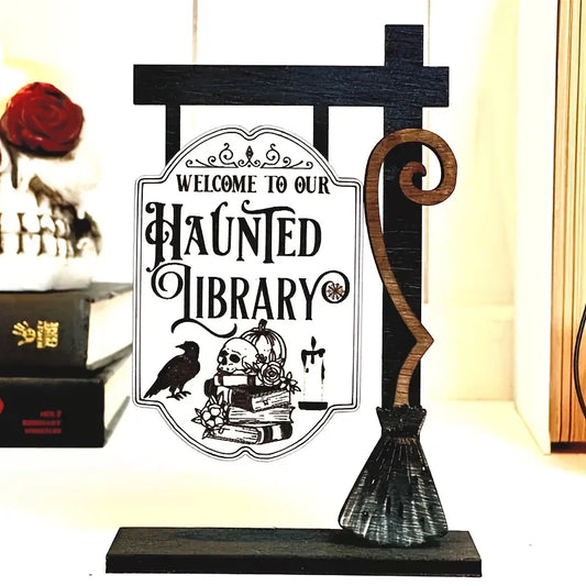 Décoration de bibliothèque fantôme d'Halloween – suspension en bois de style gothique, conception de crâne, corbeau et de chapeau de sorcière 3D