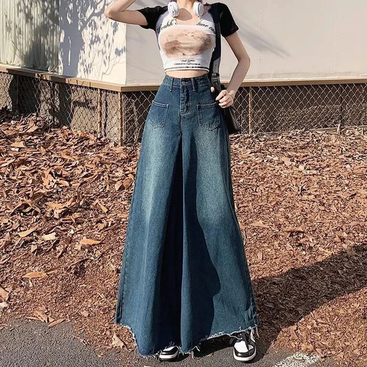 Pantalon vintage taille haute à jambes super larges pour femme, jean baggy droit, polyvalent, mode, édition coréenne, nouveau style