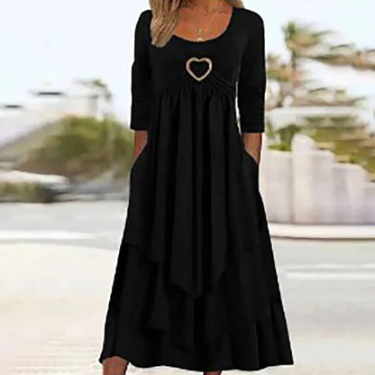 Robe mi-longue élégante pour femmes, poches Patchwork, col rond, basique, couleur unie, manches longues, décontractée, été, volants, robe de Club
