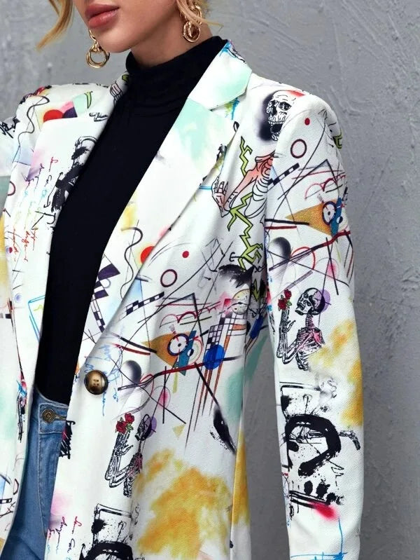 Blazer Vintage Imprimé Graffiti pour Femme, Veste Élégante, Manteau Américain, Grande Taille, Mode High Street, Nouvelle Collection Printemps 2021