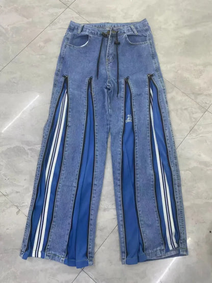 [EWQ] décontracté mode Style femmes Unique Denim pantalon Patchwork contraste couleurs jean conception fermeture éclair pantalon à jambes larges 16O7157
