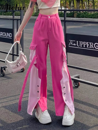 Jielur-Jean Droit Taille Haute pour Femme, Pantalon Cargo Sexy, Mode Décontractée, Streetwear Chic, Disponible en Rose, Collection Automne, Y2k