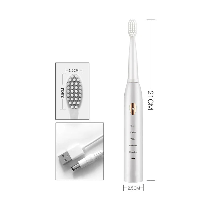 Brosse à dents électrique sonique, cheveux doux, étanche IPX7, Mode 5 vitesses, minuterie de blanchiment, chargement USB, pour adultes, 4 couleurs