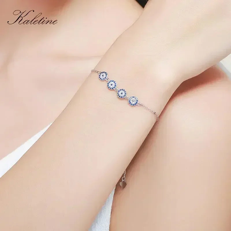 Nouveau Mode Turquie Chanceux Hamsa Quatre Mini Evil Eye Véritable 925 En Argent Sterling Bracelet