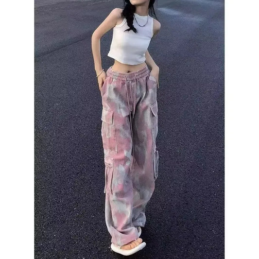 Pantalon cargo camouflage rose pour femme, jambe large, surintendant en denim Y2K, FjStreetwear, Hip Hop, femme, style safari décontracté